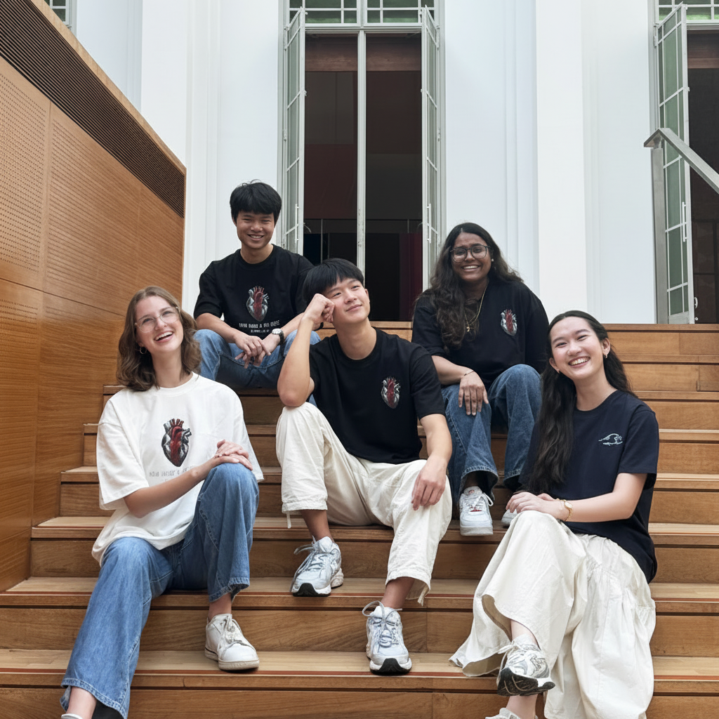 A group of young adults wearing Shammah Studio oversized organic cotton Christian graphic tees, sitting together.